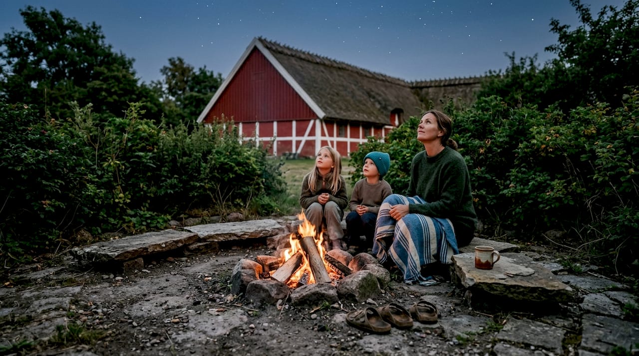 En familie hygger sig sammen omkring bålet en lun sommeraften.