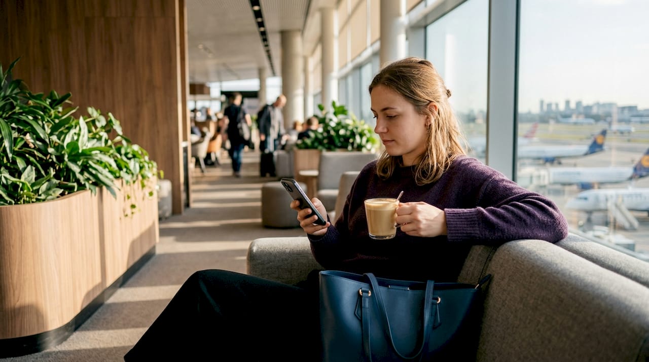 En kvinde nyder en kop kaffe, mens hun venter på sit næste fly i lufthavnen.