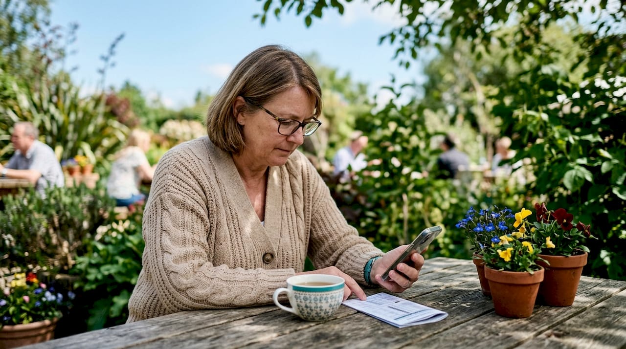 Kvinde sidder på café og tjekker togbilletter på sin telefon