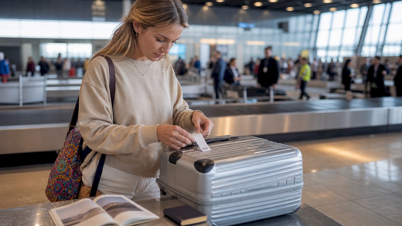 En rejsende står ved bagagebåndet i lufthavnen og sætter et mærke på sin kuffert.