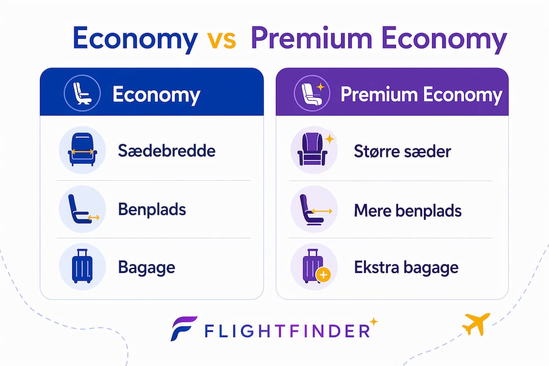 Oversigt: Her kan du se, hvordan economy og premium economy adskiller sig fra hinanden, når det gælder komfort og faciliteter.