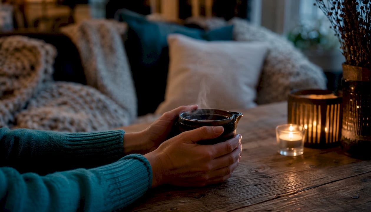A cozy close-up of hands holding a cup of coffee, with a lit candle on the table.
