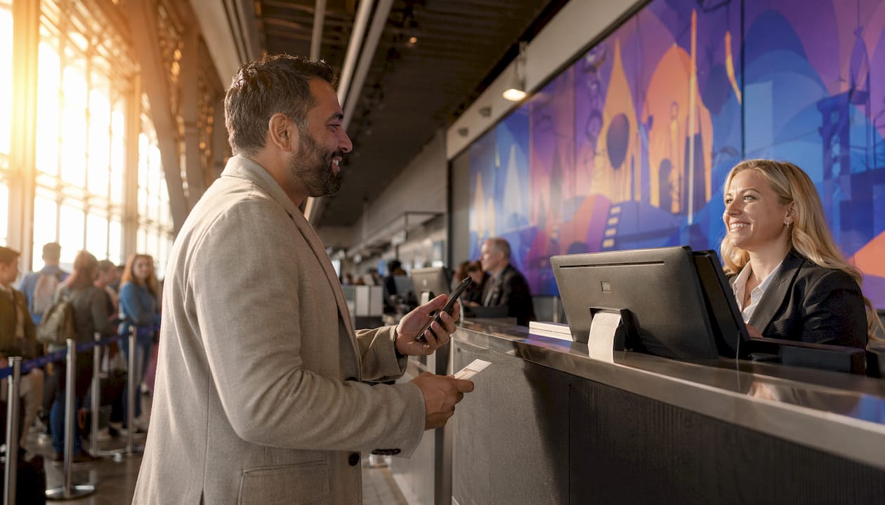 Mand tjekker ind i lufthavnen til en codeshare-flyvning