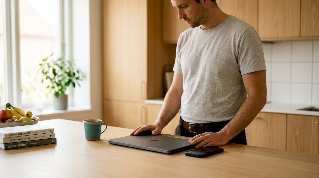 A closed laptop and a mobile phone are on the desk.