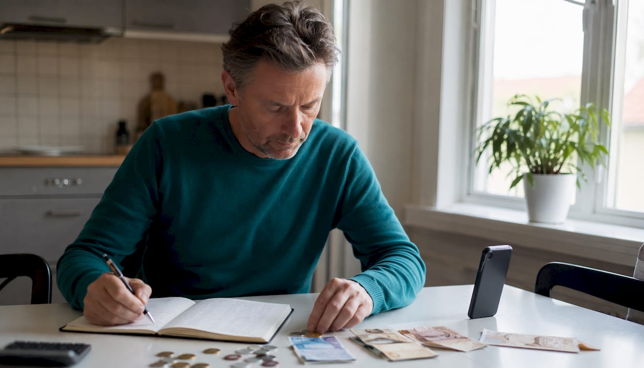 Hands lay the travel budget out with bills and coins spread across the desk.