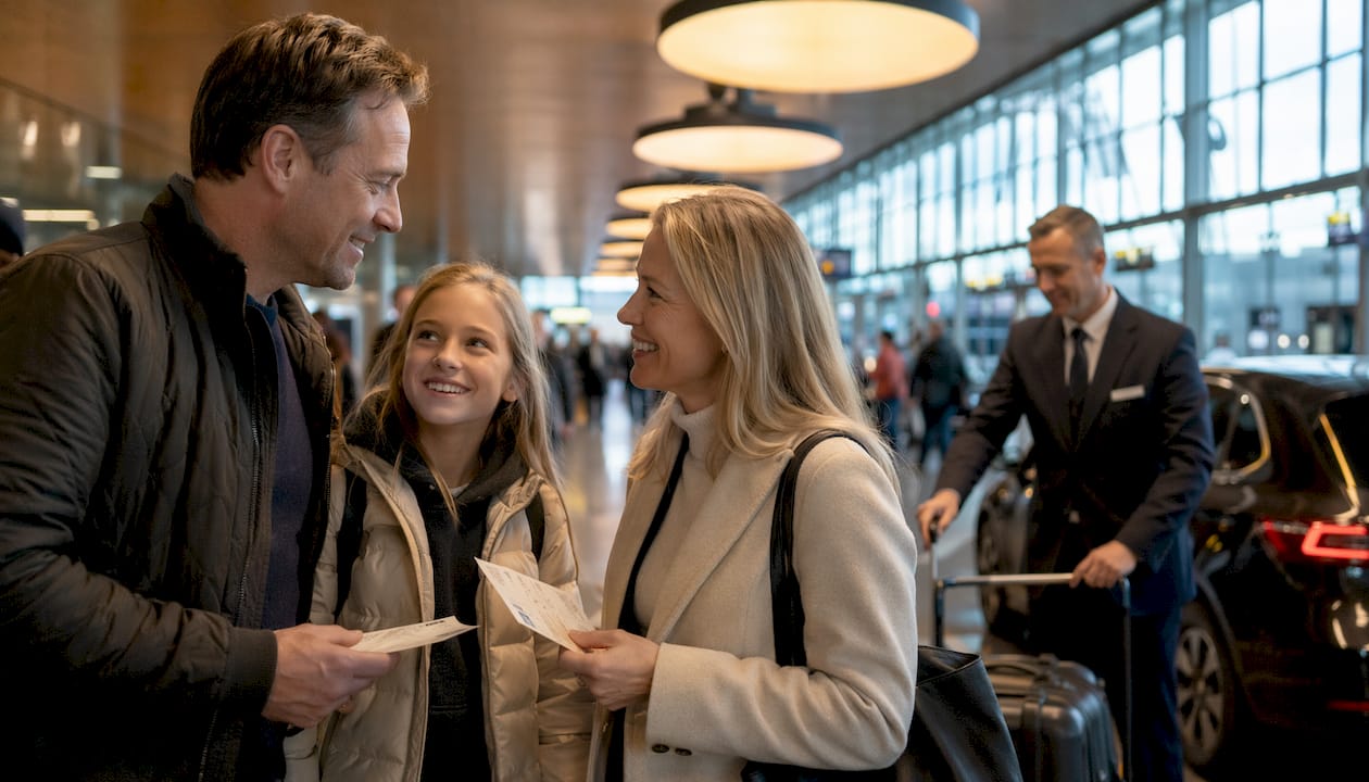 Rejsende bevæger sig gennem Billund Lufthavns terminal, mens shuttle-bussen holder klar udenfor.