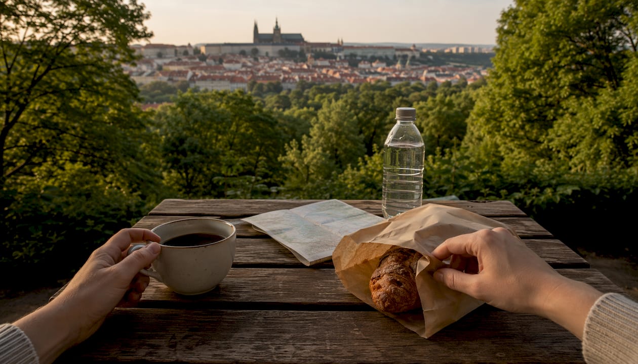 En kop kaffe og et friskbagt wienerbrød i hænderne på en hyggelig udendørs café