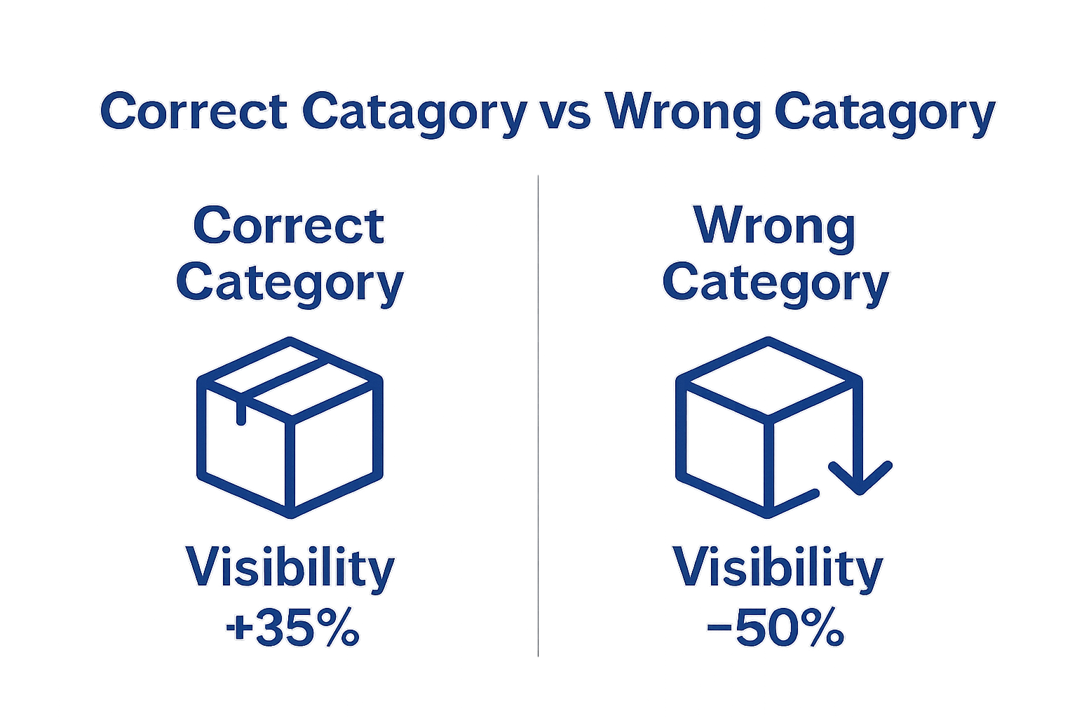 Infographic comparing correct and incorrect Amazon category selection for sellers