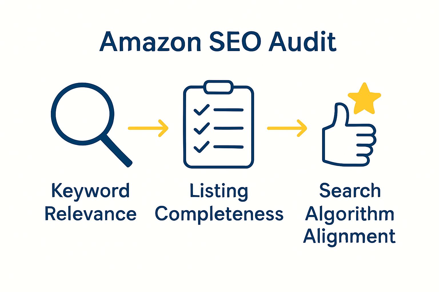Infographic showing three pillars of Amazon SEO audit: keywords, completeness, algorithm alignment