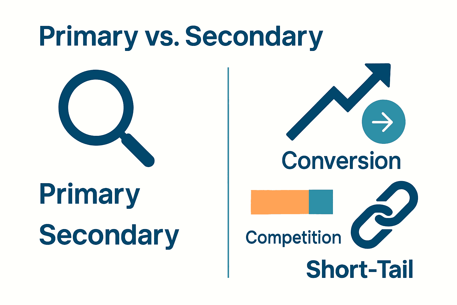 Infographic comparing primary, secondary, short-tail, and long-tail Amazon keywords.