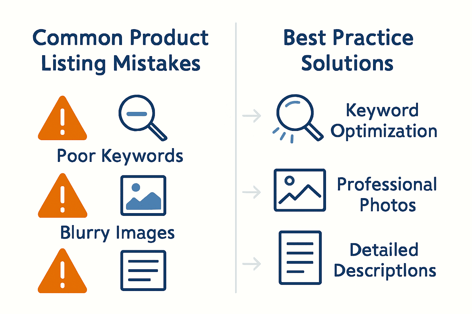 Infographic comparing common Amazon listing mistakes with best practice solutions