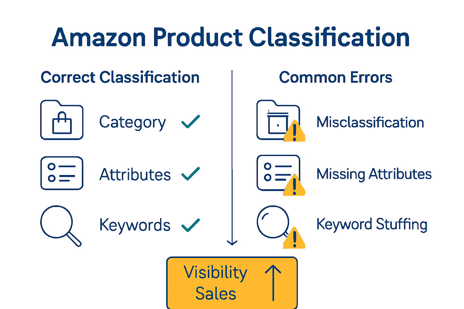 Infographic contrasting correct Amazon product classification versus typical errors.