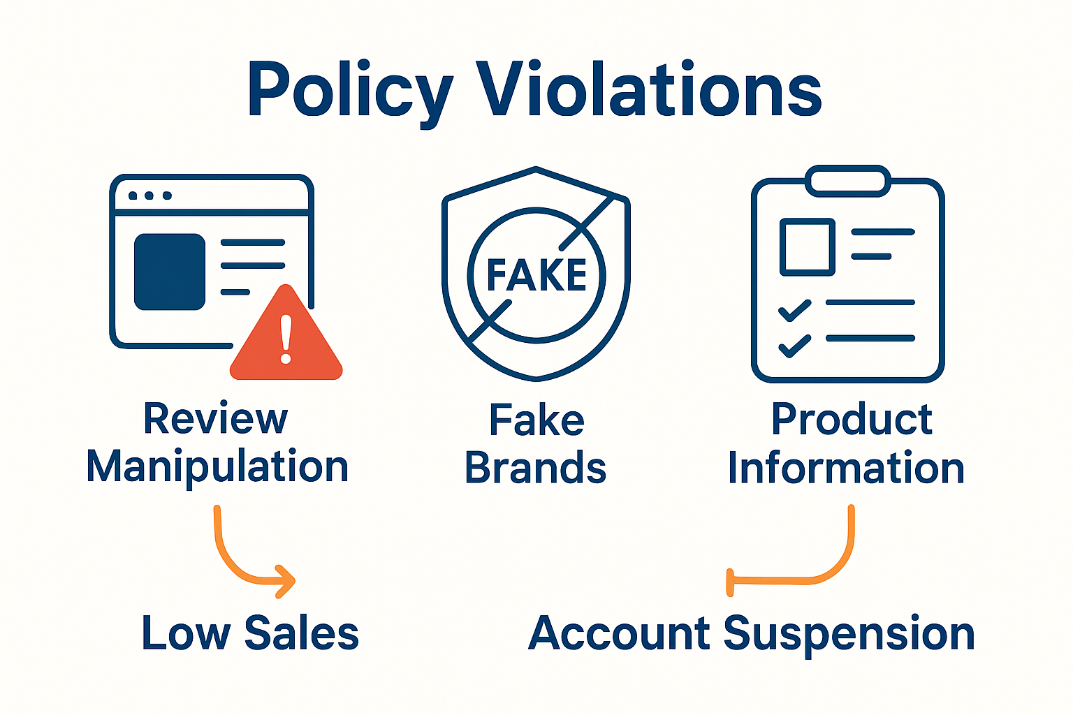 Infographic visualizing main Amazon listing failure types with icons and arrows.