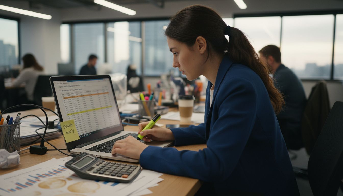 Woman reviews BSR spreadsheet and charts