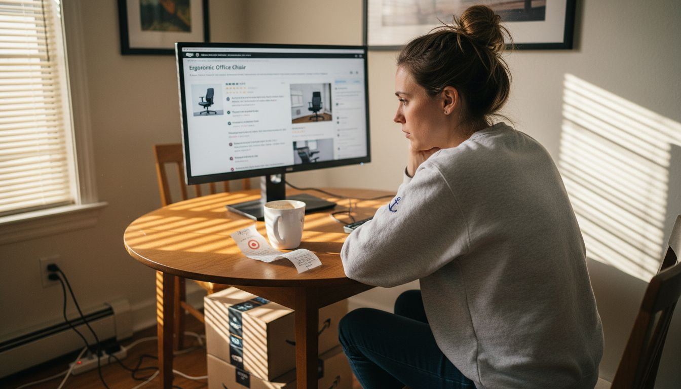 Customer viewing Amazon reviews on monitor