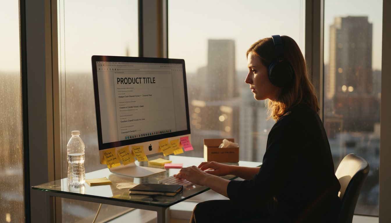 Woman editing Amazon product listing details