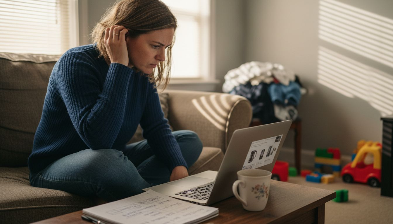 Woman browsing Amazon on laptop at home