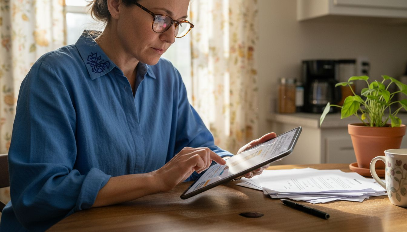 Woman reviewing Amazon product page tablet