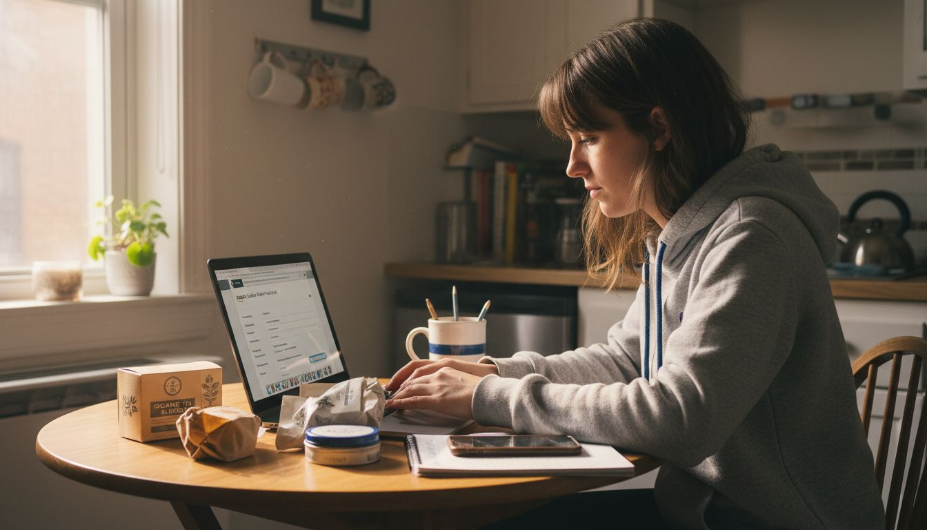 Woman optimizing product listing on laptop