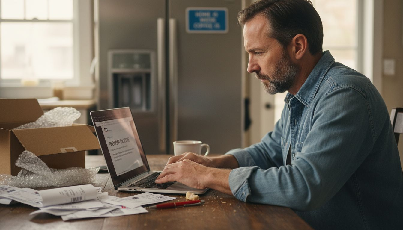 Man creates Amazon product listing title at kitchen table