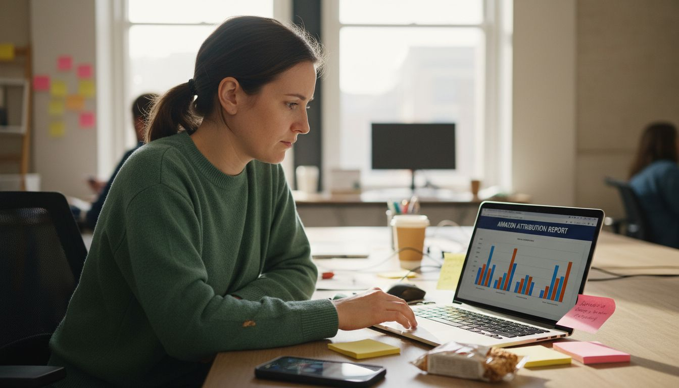 Woman reading Amazon Attribution reporting dashboard