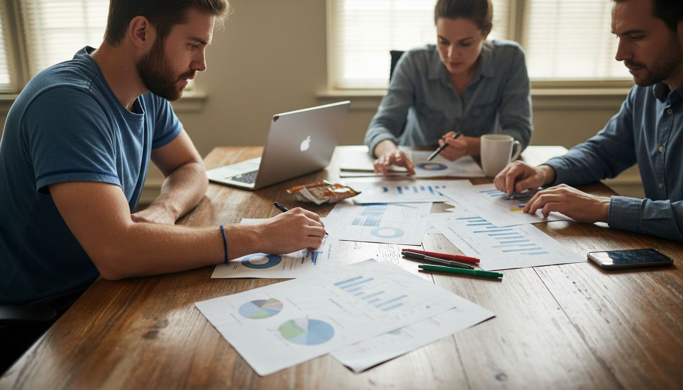 Analytics team reviews sales charts at table