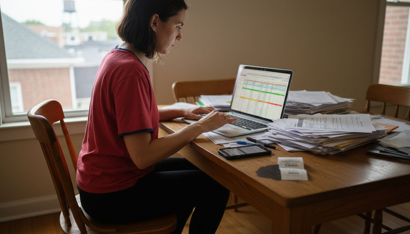 Woman updating Amazon tracking spreadsheet