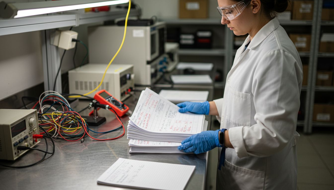 Technician checking electronics compliance documentation