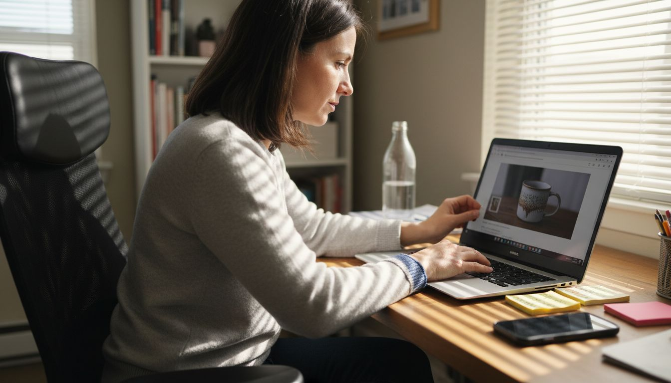 Woman optimizing Amazon product listing at desk