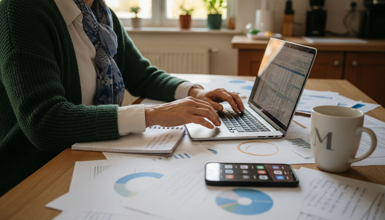 Woman reviewing Amazon sales analytics printouts
