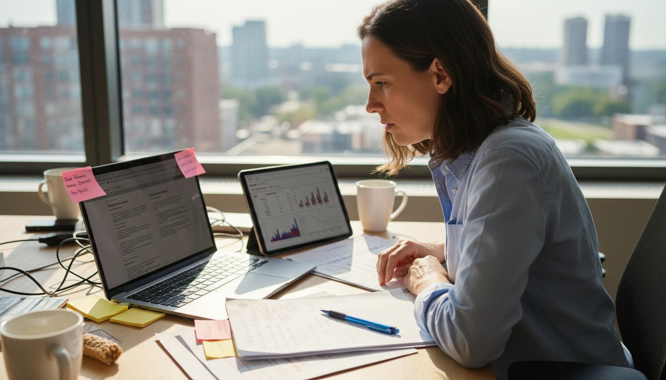 Consultant comparing listing drafts at desk