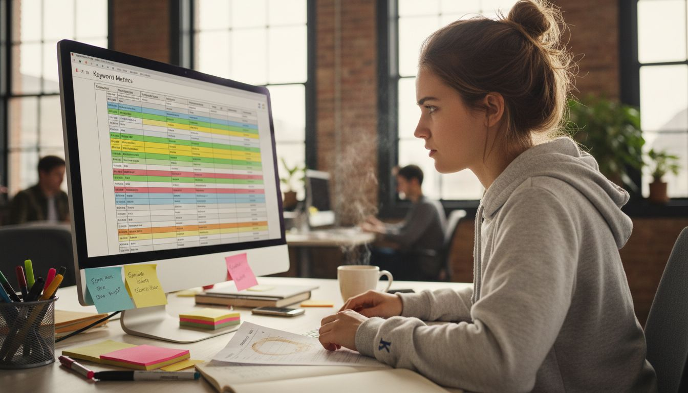 Woman reviewing keyword research spreadsheet