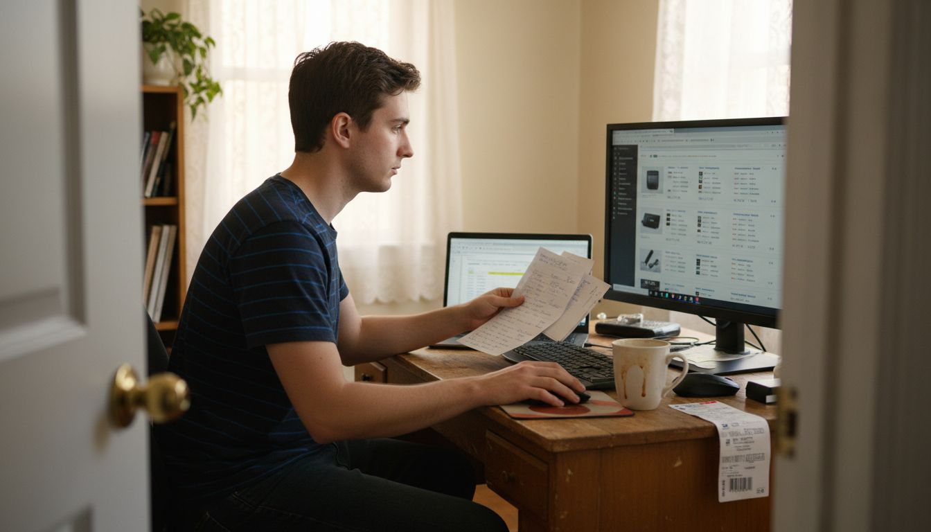 Seller updating Amazon listings at desk