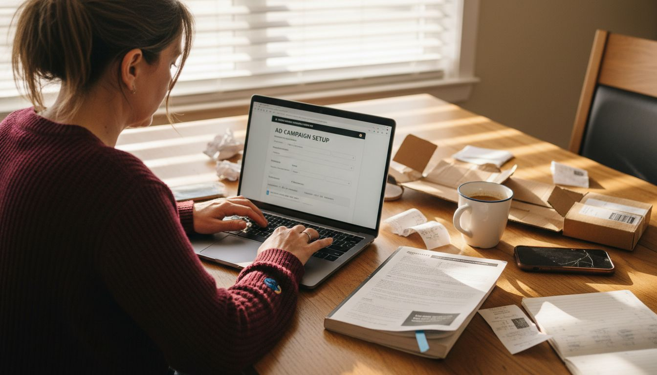Woman setting up Amazon ad campaign at home table