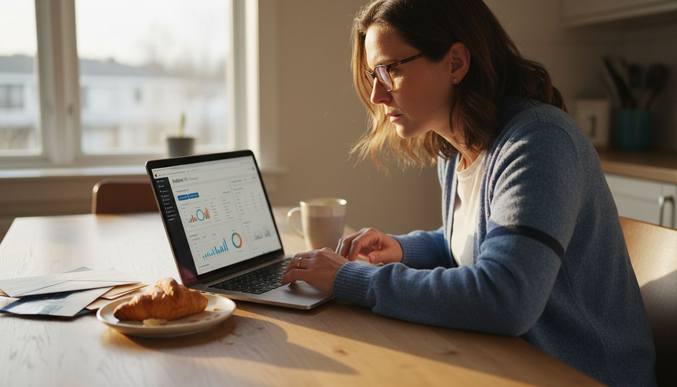 Seller checks Helium 10 dashboard at kitchen table