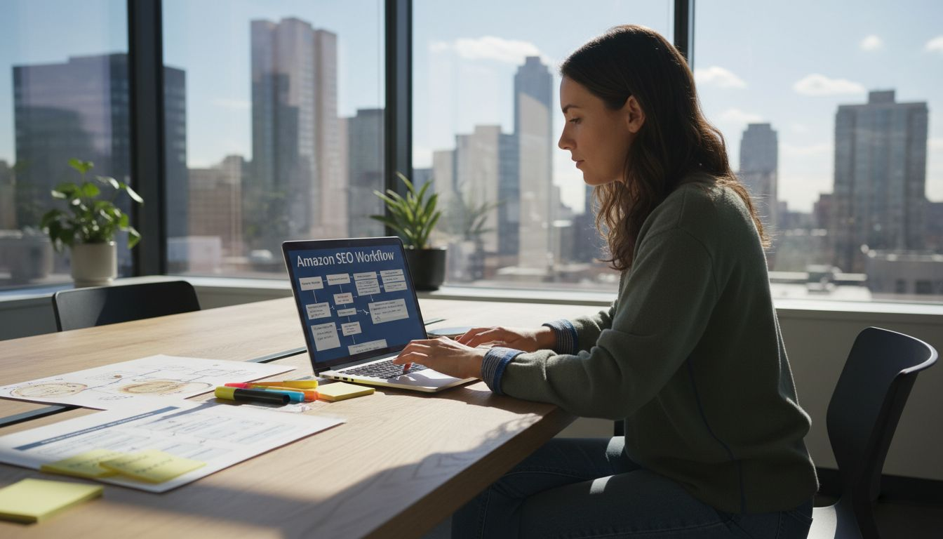Woman researching Amazon SEO workflow on laptop