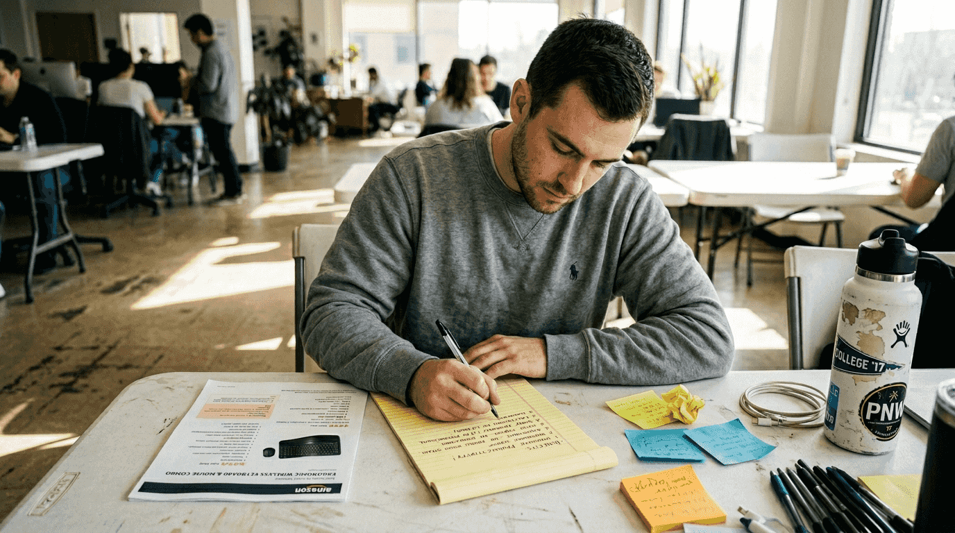 Man drafts benefit bullet points in coworking area