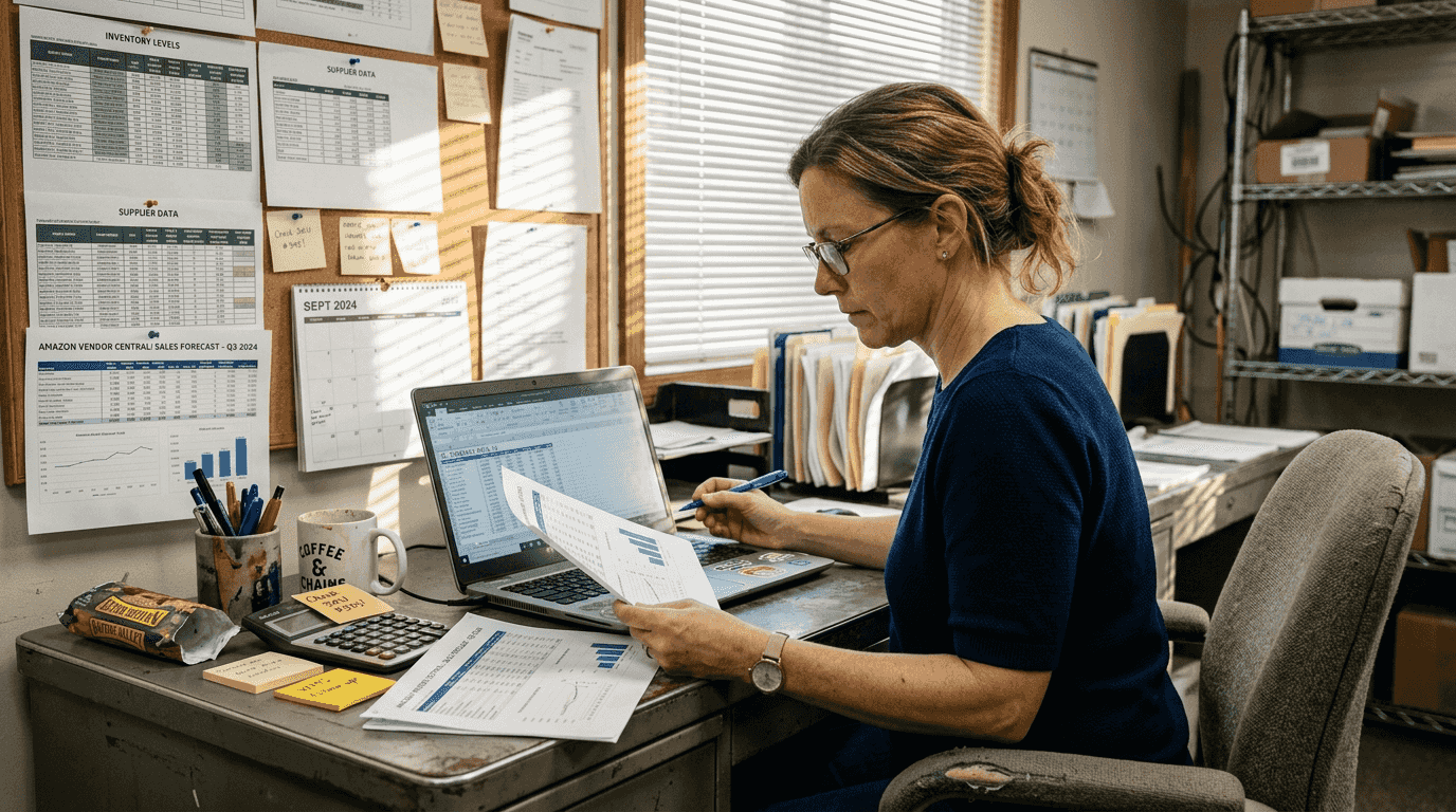 Manager reviews Amazon inventory planning charts