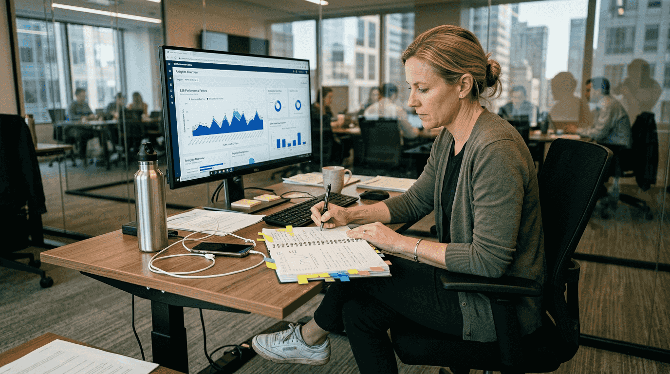 Woman reviewing BSR analytics dashboard data