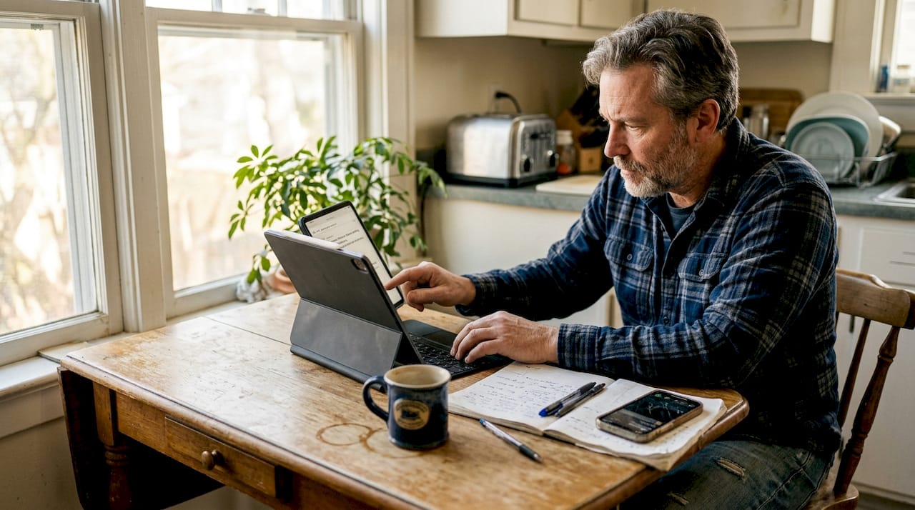 Seller editing product title at kitchen table