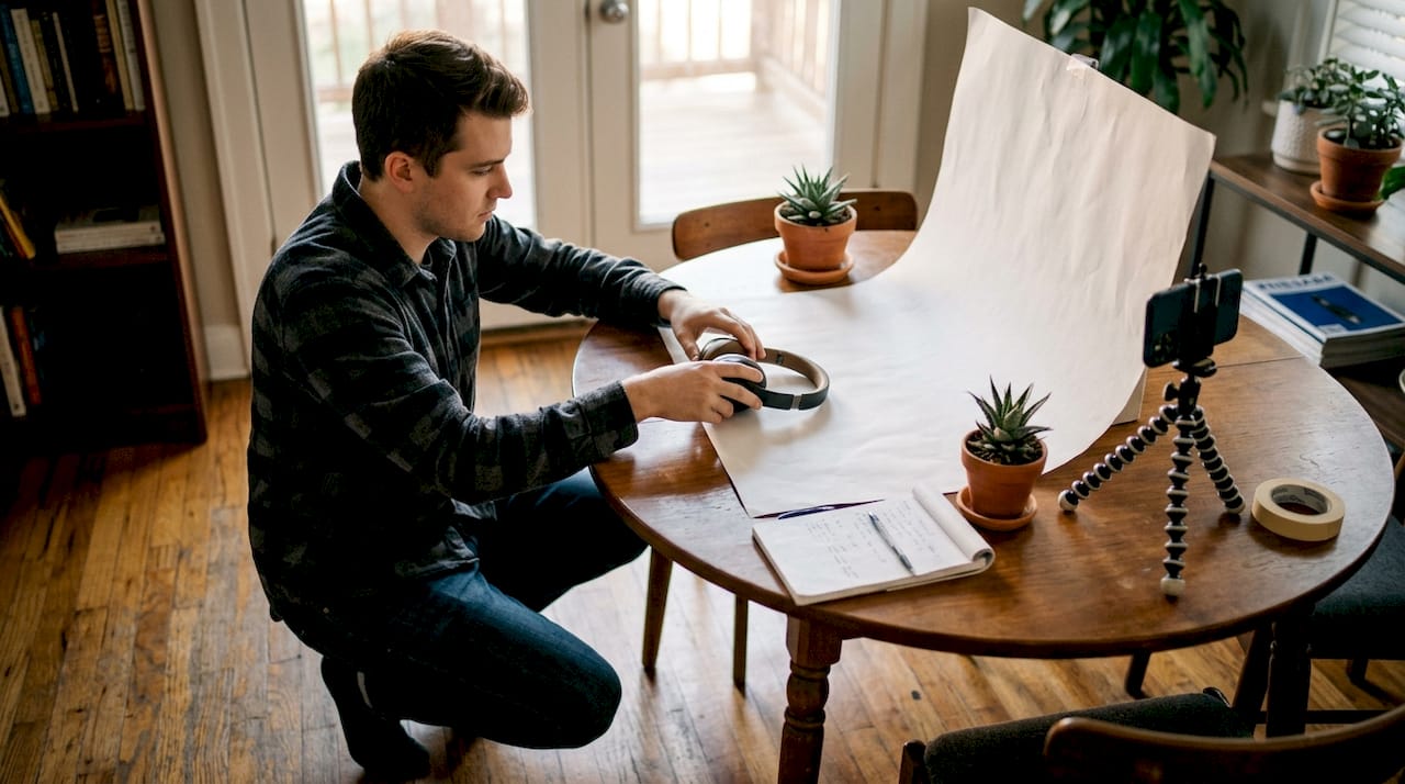 Seller preparing Amazon product photo shoot at home