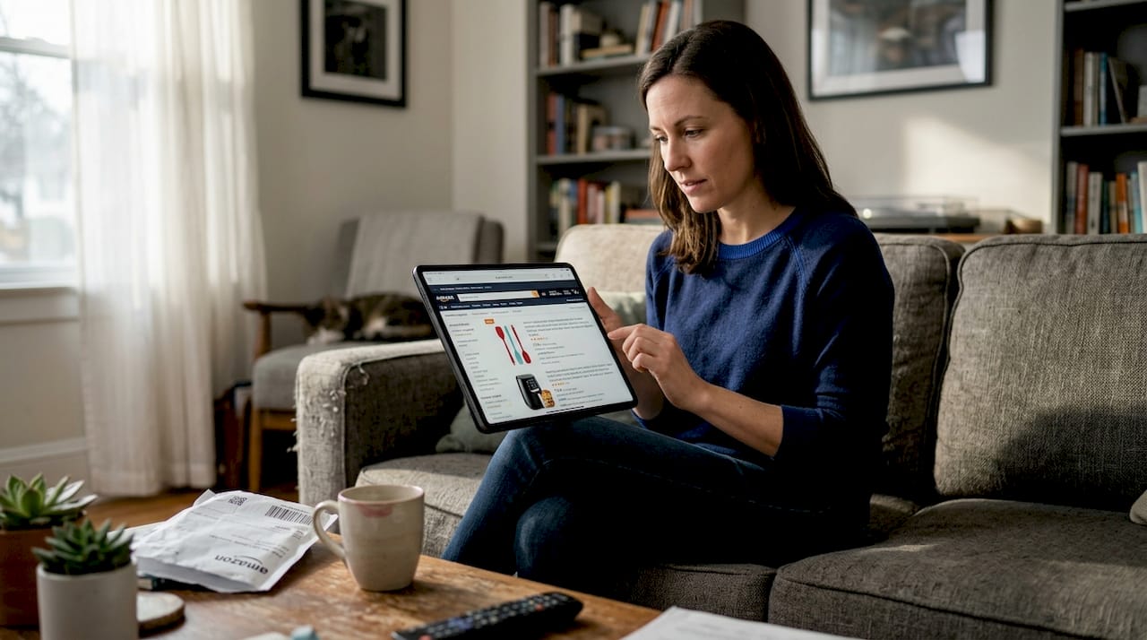 Shopper searching Amazon product listings at home