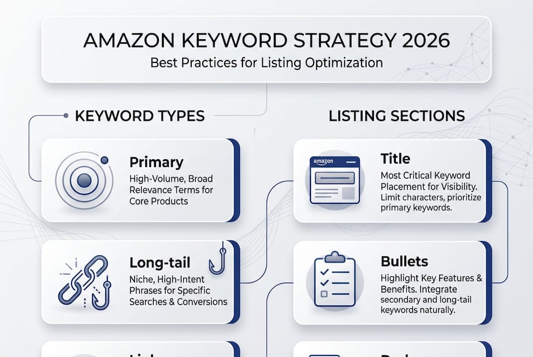 Infographic outlining Amazon keyword strategy basics