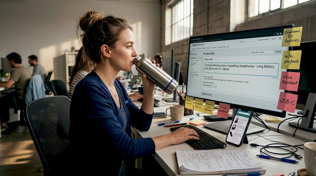 Editor optimizing Amazon listing details desk