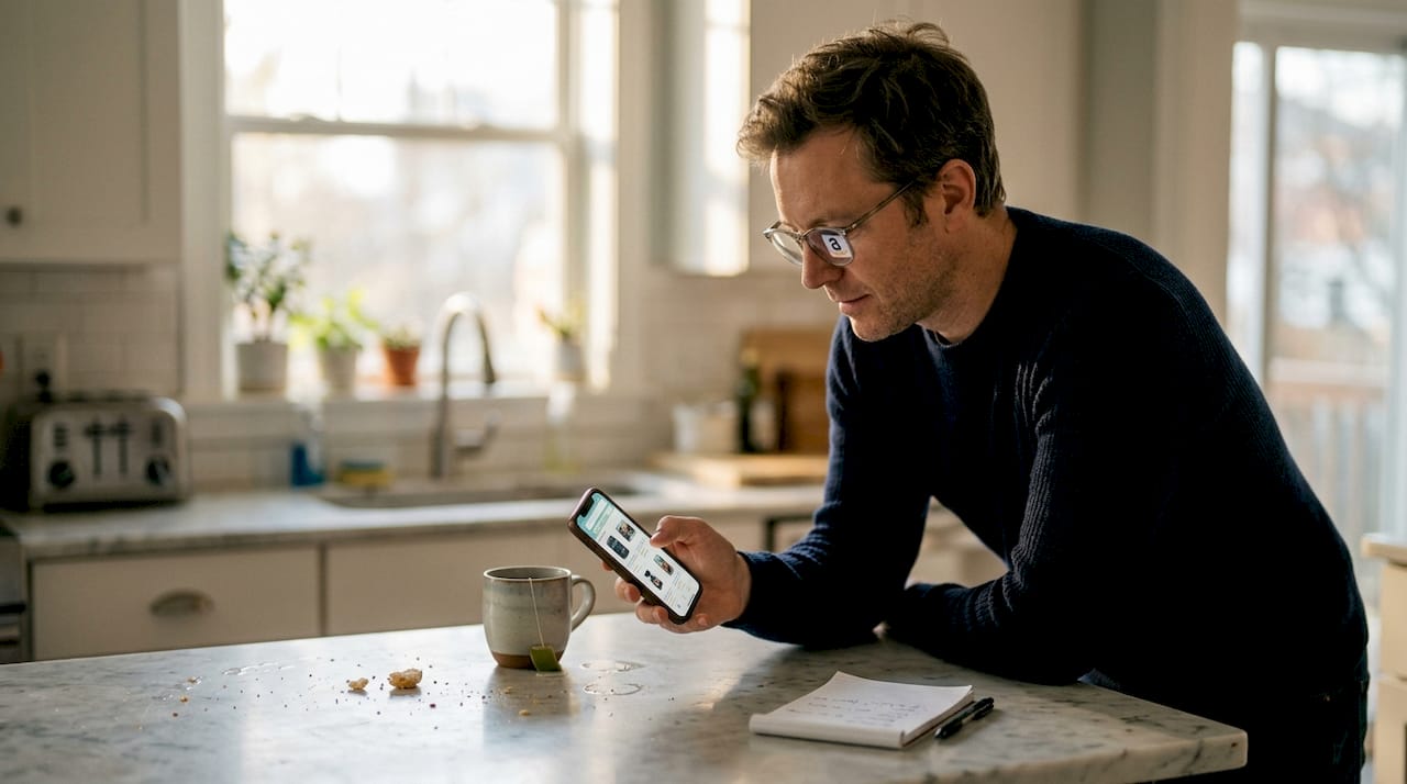 Man swiping Amazon product photos in kitchen