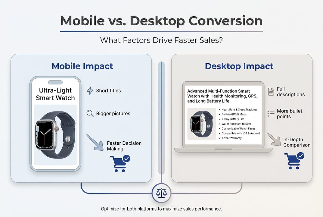 Infographic comparing Amazon mobile and desktop features