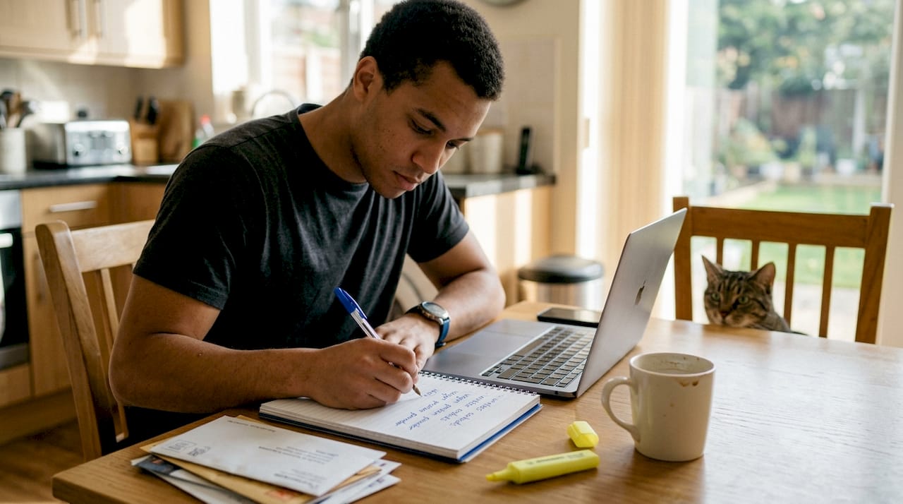 Man brainstorming seed keywords at kitchen table