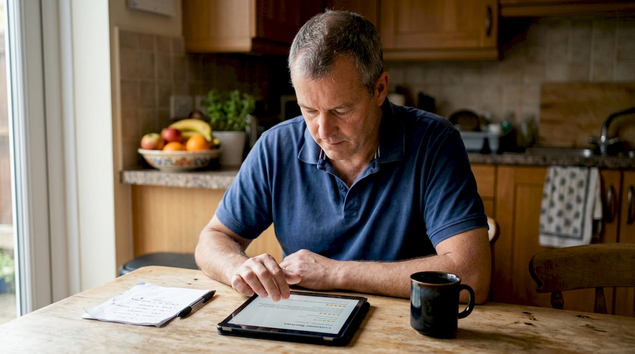 Man reading Amazon product reviews at kitchen table