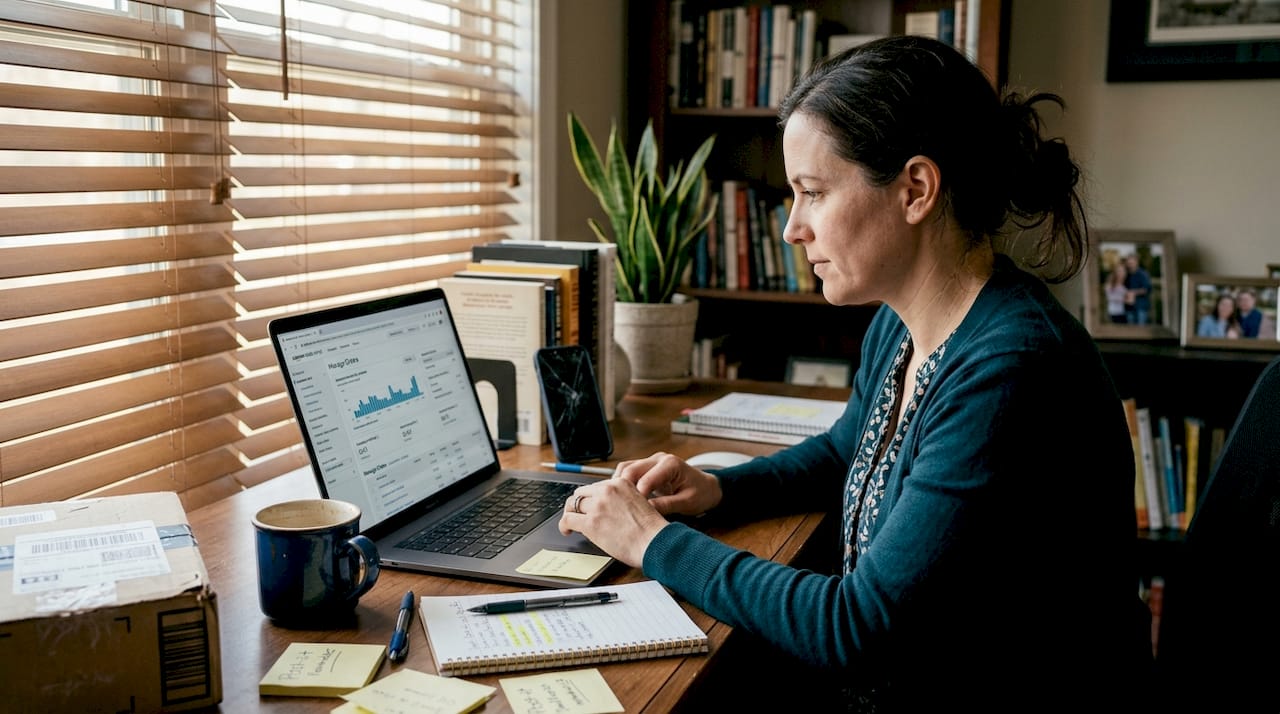 Seller monitoring Amazon shipments at home desk