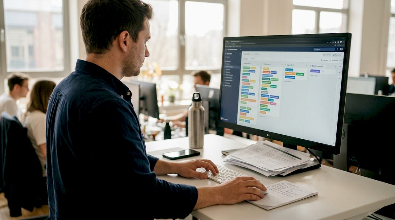 Seller organizing keywords at standing desk